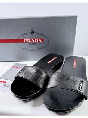 Prada Saffiano Leather Black Slide Sandals